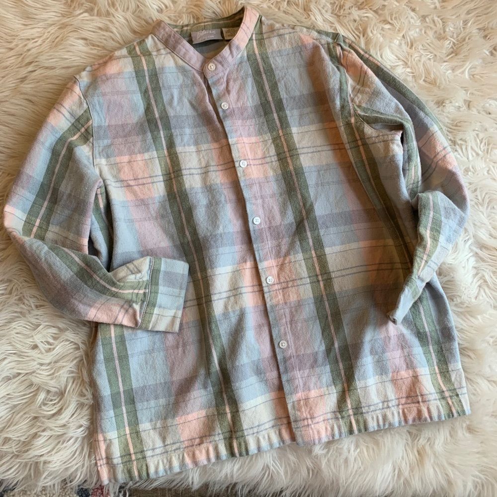 Vintage Pastel Plaid Button-Down Shirt in Pink, Green, Blue